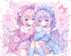 2girls ahoge animal_ear_fluff animal_ears aqua_cardigan aqua_choker aqua_eyes aqua_halo aqua_leg_warmers aqua_ribbon bag bandaid bandaid_hair_ornament bandaid_on_face bandaid_on_leg bandaid_print blush border bow bow_print bowtie cardigan cat_ears cat_girl cat_hair_ornament cat_tail choker closed_mouth cloud_print drink drinking_straw finger_to_mouth frilled_choker frilled_sailor_collar frilled_shirt frilled_shirt_collar frills hair_between_eyes hair_ornament halo heart heart-shaped_bag heart_hair_ornament heart_necklace heart_print holding holding_drink hugging_doll hugging_object jewelry kamishiro_piyo kneeling leg_belt leg_warmers long_sleeves maid_headdress milk_carton multiple_girls necklace open_cardigan open_clothes original pill_print pink_background pink_bow pink_bowtie pink_cardigan pink_choker pink_hair pink_halo pink_leg_warmers pink_ribbon purple_eyes purple_hair ribbon sailor_collar shirt shoulder_bag sidelocks sitting smile sparkle_hair_ornament star_(symbol) star_print stuffed_animal stuffed_cat stuffed_toy tail tail_bow tail_ornament white_border white_bow white_footwear white_sailor_collar white_shirt white_sneakers white_wings wing_hair_ornament wings x_hair_ornament yami_kawaii yume_kawaii