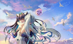 2girls absurdres accessories armpit_cutout bare_shoulders black_hair blue_hair bodysuit breasts cinderella_(nikke) cleavage closed_eyes clothing_cutout colored_inner_hair folded_hair gloves goddess_of_victory:_nikke goddessraphael hair_intakes highres hug little_mermaid_(nikke) long_hair looking_at_viewer multicolored_hair multiple_girls open_mouth see-through_bodysuit see-through_cleavage see-through_clothes smile twintails very_long_hair white_bodysuit white_hair