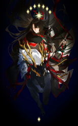 1boy absurdres animal black_background black_coat black_hair changpao chinese_clothes closed_eyes closed_mouth clothing_request coat curtained_hair fate/grand_order fate_(series) fui_(fui29493452) fur_trim high_collar highres holding horns light_particles long_hair long_sleeves male_focus pants qilin_(mythology) riding sibuxiang_(fate) smile solo star_(symbol) striped_clothes striped_pants taigong_wang_(fate) tapir vertical-striped_clothes vertical-striped_pants weapon white_fur yellow_horns