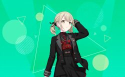 1girl azusawa_kohane black_jacket black_ribbon black_shirt black_skirt blonde_hair brown_eyes circle closed_mouth colorful_palette floral_print frown game_cg green_background hair_ribbon highres jacket lapels light_up_the_fire_(project_sekai) notched_lapels official_art open_clothes open_jacket pleated_skirt project_sekai ribbon shirt skirt solo third-party_source triangle twintails