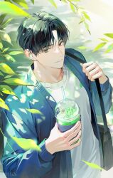 1boy black_bag black_eyes black_hair blue_jacket character_request closed_mouth copyright_request drink earbuds earphones holding holding_drink jacket looking_at_viewer male_focus open_clothes open_jacket plus1024 shirt smile solo white_shirt