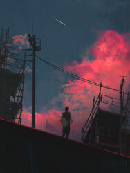 Rule 34 | 1other, backpack, bag, black hair, building, construction site, dkaism, dutch angle, from below, full body, night, original, painterly, pink clouds, power lines, scenery, shooting star, short hair, silhouette, sky, solo, standing, star (sky), starry sky, utility pole