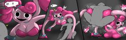 !? 1boy 1girl absurdres all_fours ass blush breast_press breasts clothed_sex colored_skin doggystyle enigi09 green_eyes grey_skin hetero highres huge_ass large_breasts long_hair looking_at_viewer mommy_long_legs pink_hair pink_skin ponytail poppy_playtime sex sex_from_behind size_difference speech_bubble vaginal