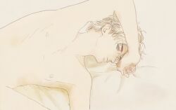 1boy bishounen closed_mouth dio_brando jojo_no_kimyou_na_bouken looking_at_viewer lying marimocham nude on_back on_bed pale_skin phantom_blood solo