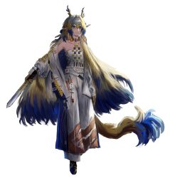 1girl arknights arm_at_side bare_shoulders beads belt blonde_hair blue_eyes blue_hair closed_mouth collarbone commentary deruta_(user_mpme7742) dragon_girl dragon_horns dragon_tail full_body grey_hair hair_between_eyes hair_intakes highres holding holding_sword holding_weapon horns jacket jewelry long_hair long_sleeves looking_ahead multicolored_hair necklace off_shoulder pointy_ears shu_(arknights) simple_background solo strapless sword tail tube_top very_long_hair weapon white_background white_belt white_jacket white_tube_top