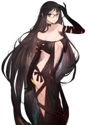 1girl absurdres arm_strap bare_shoulders black_dress black_gloves blush breasts brown_hair center_opening choker cleavage collarbone commentary_request dress earrings elbow_gloves fate/grand_order fate_(series) glasses gloves grey_eyes highres jewelry long_hair medium_breasts navel ribbon-trimmed_dress ribbon_trim solo toi8 very_long_hair yu_mei-ren_(fate) yu_mei-ren_(second_ascension)_(fate)
