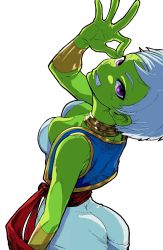 1girl arabian_clothes ass bare_shoulders blue_vest bokkusu bracer breasts bulma bulma_(cosplay) cheelai cleavage clenched_teeth colored_skin cosplay curvy dragon_ball dragon_ball_super dragon_ball_super_broly female_focus from_above from_behind green_skin grin harem_pants impossible_clothes jewelry looking_at_viewer looking_back looking_up medium_breasts neck neck_ring ok_sign pants purple_eyes sash short_hair simple_background smile solo teeth vambraces vest white_background white_hair white_pants