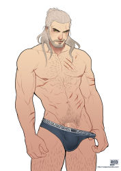 Rule 34 | 1boy, abs, body hair, bulge, chest hair, clothes pull, geralt of rivia, grey beard, grey hair, hair bun, highres, large penis, leg hair, long hair, looking at viewer, male focus, muscular, naughty face, navel hair, nipples, pectorals, penis, pubic hair, rumzrumz, scar, scar across eye, scar on abs, scar on arm, scar on chest, scar on face, scar on leg, seductive smile, short hair, smile, smirk, solo, tagme, tattoo, the witcher (series), the witcher 2, the witcher 3, topless male, underwear, underwear pull, yellow eyes