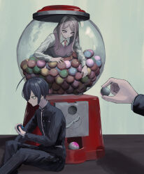 1boy 1girl 1other ahoge akamatsu_kaede ball black_hair black_jacket black_pants breasts brown_eyes danganronpa_(series) danganronpa_v3:_killing_harmony fortissimo hair_between_eyes hair_ornament hairclip highres holding jacket large_breasts long_sleeves musical_note musical_note_hair_ornament pants pink_sweater_vest saihara_shuichi shirt slot_machine striped_clothes striped_jacket striped_pants sukizukiko sweater_vest tagme white_shirt