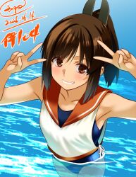 1girl artist_name blue_one-piece_swimsuit brown_eyes brown_hair collarbone dark-skinned_female dark_skin dated double_v engo_(aquawatery) green_eyes i-401_(kancolle) kantai_collection one-hour_drawing_challenge one-piece_swimsuit orange_sailor_collar ponytail sailor_collar school_swimsuit shirt short_hair short_ponytail side-tie_shirt sidelocks sleeveless sleeveless_shirt solo swimsuit swimsuit_under_clothes upper_body v water