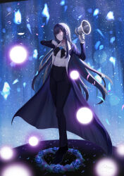 1girl absurdres ado_(utaite) black_bow black_bowtie black_coat black_pants blue_flower blue_hair blue_rose bow bowtie chando_(ado) coat collared_shirt colored_tears commentary crying crying_with_eyes_open dress_shirt floral_background flower glint gloves heterochromatic_eyewear highres holding holding_megaphone long_hair long_sleeves megaphone pants rose shirt sidelocks solo tears tinted_eyewear utaite white_gloves white_shirt zing_(zingart)