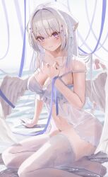 1girl absurdres animal_ear_fluff animal_ears arm_support babydoll bare_shoulders blue_ribbon breasts cat_ears cat_girl cat_tail center-flap_bangs commentary_request feathered_wings hair_ornament hair_ribbon hand_on_own_chest heart heart_hair_ornament heart_sticker highres indie_virtual_youtuber large_breasts light_blush looking_at_viewer mashiro_meronya navel oreazu purple_eyes ribbon sidelocks sitting solo tail tail_ornament tail_ribbon thighhighs virtual_youtuber white_babydoll white_hair white_thighhighs white_wings wings