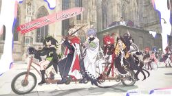 Rule 34 | 2boys, 6+girls, animal ears, archetto (arknights), archetto (glory of the devout) (arknights), arknights, bicycle, bird girl, black boots, black hair, black halo, blonde hair, blue eyes, blue hair, boots, bow (music), cat ears, cat girl, character request, chinese commentary, closed eyes, colored inner hair, commentary request, demon girl, demon horns, duo (duolingo), duolingo, english text, executor (arknights), executor the ex foedere (arknights), exusiai (arknights), exusiai the new covenant (arknights), fiammetta (arknights), green eyes, green hair, halo, highres, holding, holding bow (music), horns, instrument, kaleka, lemuen (arknights), mostima (arknights), multicolored hair, multiple boys, multiple girls, music, one side up, photo-referenced, photo background, pink eyes, pink hair, playing instrument, red hair, riding, riding bicycle, short hair, sitting, sleeves past wrists, standing, vienna, violin, virtuosa (arknights), wheelchair, white hair, white halo, yellow halo