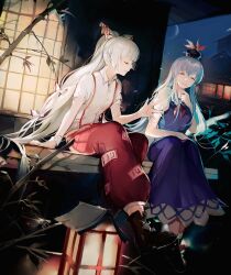 2girls absurdres bamboo black_shoes blue_dress blue_hair bow closed_eyes crescent dress fujiwara_no_mokou gu_yue_yuan hair_bow hat highres kamishirasawa_keine long_hair multiple_girls neckerchief night ofuda ofuda_on_clothes pants puffy_sleeves red_neckerchief red_pants shirt shoes suspenders torn_clothes torn_sleeves touhou white_bow white_hair white_shirt