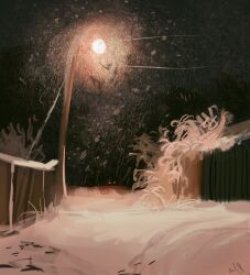 dark fence glowing highres lamppost n0tahuman night no_humans original outdoors painterly plant scenery snow snowing