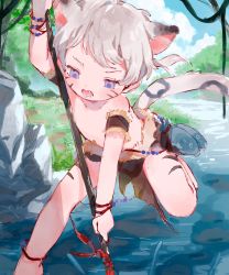 1boy animal_ears bare_legs bare_shoulders cat_boy cat_ears cat_tail commentary english_commentary fish fishing highres loincloth looking_down male_focus morning nemui_(nemuriyagi) original outdoors polearm purple_eyes solo spear tail tattoo tribal water weapon
