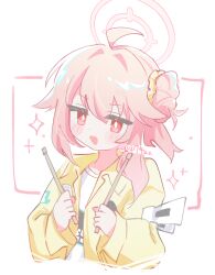 1girl ahoge anzen_robo_(474zz) asymmetrical_hair blue_archive commentary cropped_torso drumsticks hair_bun halo holding holding_drumsticks jacket long_sleeves looking_at_viewer natsu_(band)_(blue_archive) natsu_(blue_archive) official_alternate_costume open_mouth pink_eyes pink_hair pink_halo shirt simple_background single_side_bun solo white_shirt yellow_jacket