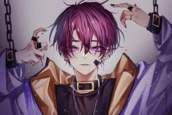1boy bandaid bandaid_on_face belt_collar black_collar black_nails black_sleeves blood blood_on_face blood_on_hands chain collar cuffs ear_piercing earrings hair_between_eyes highres jacket jewelry leather_collar looking_at_viewer male_focus multicolored_jacket necklace original parted_lips piercing pink_eyes pink_hair pink_jacket ring short_hair solo tobimarutobio9 two-tone_jacket upper_body yellow_jacket