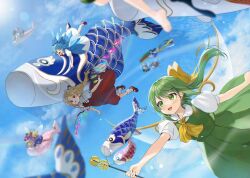 6+girls :d :o ;d american_flag_dress ascot black_hair blonde_hair blue_dress blue_eyes blue_sky blurry blurry_background bow children&#039;s_day cirno cloud clownpiece collared_shirt commentary daiyousei day detached_wings dress eternity_larva fairy_wings flandre_scarlet flying gotou_(nekocat) green_eyes green_hair green_ribbon green_skirt green_vest hair_bow hat highres ice ice_wings jester_cap koinobori lens_flare lily_white long_hair luna_child mary_janes mob_cap multiple_girls one_eye_closed one_side_up open_mouth out_of_frame outdoors outstretched_arm pantyhose pointy_ears purple_hat purple_ribbon red_eyes red_pantyhose red_ribbon red_shoes red_skirt red_vest ribbon shirt shoes skirt sky smile socks star_sapphire striped_clothes striped_pantyhose sunny_milk touhou vest white_dress white_hat white_ribbon white_shirt white_socks windsock wings yellow_ascot yellow_bow yellow_ribbon