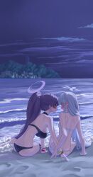 Rule 34 | 2girls, absurdres, back, beach, bikini, black bikini, blue archive, breasts, closed mouth, commentary request, halo, highres, huge breasts, korean commentary, large breasts, long hair, looking at another, multiple girls, nagusa (blue archive), nagusa (swimsuit) (blue archive), night, ocean, official alternate costume, official alternate hairstyle, okokorika, open mouth, outdoors, ponytail, purple hair, sitting, sky, swimsuit, thigh strap, very long hair, water, white bikini, wristband, yukari (blue archive), yukari (swimsuit) (blue archive), yuri