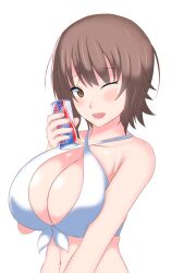 1girl blush breasts brown_eyes brown_hair can cleavage energy_drink girls_und_panzer halterneck highres holding holding_can large_breasts looking_at_viewer nantene navel nishizumi_maho one_eye_closed open_mouth solo