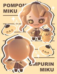 1girl 3d :3 alternate_costume alternate_hair_color blonde_hair blush chibi chibi_only dress english_text hatsune_miku highres lavy_(lavnko) long_hair multiple_views necktie outline pompompurin sanrio smile sparkle twintails vocaloid white_outline