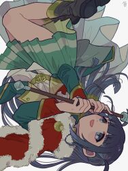 Rule 34 | 1girl, :d, ankle boots, ascot, badge, belt buckle, blue eyes, blue hair, blunt bangs, blunt ends, blush stickers, boots, buckle, commentary, full body, fur-trimmed jacket, fur trim, gold belt, green jacket, green skirt, grey boots, hands up, highres, holding, holding weapon, jacket, jacket on shoulders, kayanon no, long hair, looking up, miniskirt, open mouth, red jacket, red sleeve cuffs, shirt, shoujo kageki revue starlight, simple background, single horizontal stripe, skirt, smile, solo, striped clothes, striped skirt, symbol-only commentary, tsuyuzaki mahiru, twitter username, two side up, upside-down, waist cape, weapon, white ascot, white background, white shirt