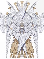 1other absurdly_long_hair absurdres animal_head bare_legs barefoot biblically_accurate_angel blonde_hair bull cherub colored_skin crrn empty_eyes feathered_wings halo head_wings highres instrument lion long_hair looking_at_viewer nude original solo third_eye too_many_wings trumpet very_long_hair white_hair white_skin wings