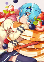 1girl black_skirt black_thighhighs blue_eyes blue_hair blueberry female_focus flower food fruit glasses hair_flower hair_ornament hairclip in_food matching_hair/eyes mini_person minigirl ninomoto original oversized_object pancake pancake_stack pleated_skirt short_hair skirt solo strawberry sweater sweets thighhighs