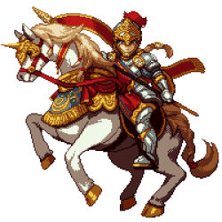 akaneko_(redakanekocat) armor battle_standard commentary_request eminoa flag gauntlets greaves helm helmet holding holding_flag horseback_riding looking_at_viewer lowres original ornate_armor pauldrons pixel_art princess_knight_balzan riding shoulder_armor simple_background war_flag white_background
