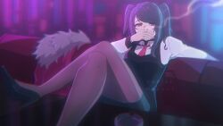 Rule 34 | 1girl, artist name, ashtray, black pantyhose, black shoes, black skirt, black vest, cigarette, coat, collared shirt, crossed legs, fur-trimmed coat, fur trim, hashtag-only commentary, high heels, highres, holding, holding cigarette, indoors, jill stingray, long hair, looking at viewer, nadiohmavyoh, necktie, pantyhose, pencil skirt, pink necktie, purple eyes, purple hair, shirt, shoes, sitting, skirt, smoking, solo, twintails, unworn coat, va-11 hall-a, vest, white shirt