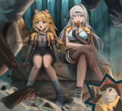 1boy 2girls absurdres ahoge animal_ear_fluff animal_ears asymmetrical_gloves breasts collared_shirt crossed_legs elbow_gloves fingerless_gloves gloves grey_shirt high-waist_shorts highres holding_ofuda jacket ju_fufu large_breasts long_hair multiple_girls orange_fur outdoors pan_yinhu panda_boy shirt shorts single_hair_intake single_thighhigh sitting striped_fur tail thighhighs tiger_ears tiger_girl tiger_stripes tiger_tail twckb uneven_gloves white_fur white_hair yellow_eyes yellow_jacket yixuan_(zenless_zone_zero) zenless_zone_zero