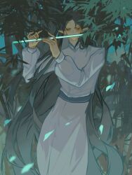 1boy black_hair closed_eyes elf floating_clothes floating_hair flute forest instrument long_hair maglor male_focus music nature outdoors playing_instrument pointy_ears prince robe solo standing sulime the_silmarillion tolkien&#039;s_legendarium