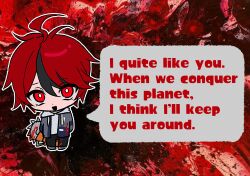 1boy ahoge black_background black_hair blood_on_clothes chibi electric_saw english_text full_body hair_between_eyes holding holding_saw holding_weapon looking_at_viewer male_focus messy_hair multicolored_hair open_mouth power_saw red_background red_eyes red_hair saw solo solo_focus speech_bubble sumino_takumi takumi-g_(hundred_line) the_hundred_line_-last_defense_academy- weapon