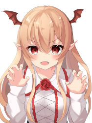 1girl :d absurdres bat_wings blush breasts claw_pose collared_shirt fang female_focus flower frilled_shirt_collar frills hair_between_eyes hands_up head_wings highres light_brown_hair long_hair long_sleeves mizu_(lzzrwi603) open_mouth pointy_ears red_eyes red_flower red_rose red_wings rose shadowverse shirt sidelocks simple_background sleeves_past_wrists small_breasts smile solo upper_body vampy white_background white_shirt wings
