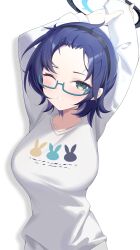 1girl absurdres black_hairband black_halo blue_archive blue_hair breasts chihiro_(blue_archive) chihiro_(pajamas)_(blue_archive) commentary glasses green-framed_eyewear green_eyes hairband halo hands_up highres jei_(user_tckk7448) large_breasts looking_at_viewer medium_hair official_alternate_costume official_alternate_hairstyle one_eye_closed pajamas parted_lips semi-rimless_eyewear shadow simple_background solo teeth white_background white_pajamas