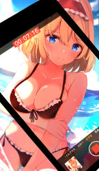 1girl alice_margatroid beach bikini blonde_hair blue_eyes blue_sky breasts camera_phone day highres large_breasts looking_at_viewer navel fake_phone_screenshot shangurira short_hair sky solo swimsuit taking_picture touhou upset