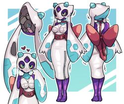 1girl bondage_outfit boots border breasts breath commentary cosplay creatures_(company) dildo dress english_commentary froslass froslass_(cosplay) game_freak gen_4_pokemon hand_up heart kurt_robinson multiple_views nintendo outside_border pokemon pokemon_(creature) purple_boots sex_toy standing trembling white_border white_dress zipper zipper_pull_tab