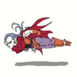 1boy boots chrono_trigger clenched_hands cloak earrings flying frown furrowed_brow gloves grey_hair jewelry magus_(chrono_trigger) male_focus orange_boots orange_gloves pants pointy_ears purple_pants red_cloak red_eyes solo tcgf_04 tooth_earrings toriyama_akira_(style) white_background widow&#039;s_peak