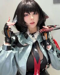 1girl 2024 animal_ears arms_up black_gloves black_hair black_necktie black_shorts brand_name_imitation breasts character_name chinese_commentary collarbone commentary cosplay cosplay_photo crop_top female_focus fingerless_gloves fingernails fur-trimmed_jacket fur_trim garter_straps gloves green_eyes grey_jacket head_tilt highres holding holding_knife indoors jacket jane_doe_(zenless_zone_zero) jane_doe_(zenless_zone_zero)_(cosplay) knife lace_trim large_breasts long_fingernails long_hair long_sleeves looking_at_viewer midriff mouse_ears mouse_girl mouse_tail multicolored_necktie necktie open_mouth pants pantyhose parted_lips photo_(medium) real_life red_lips red_necktie reference_inset selfie shadow sharp_fingernails sharp_tail shorts skindentation soles standing tail teeth weapon yingyinng zenless_zone_zero