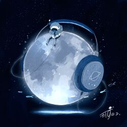Rule 34 | 1other, absurdres, astronaut, cable, cellphone, commentary, eighth note, fish, flying fish, gloves, glowing, headphones, helmet, highres, holding, holding phone, kazunoko (kazunoko zunoco), listening to music, looking at phone, moon, musical note, original, oversized object, phone, radio antenna, sitting, smartphone, solo, space, space helmet, star (sky), white gloves