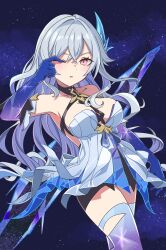 1girl absurdres between_breasts breasts dress finger_to_eye genshin_impact grey_hair highres large_breasts long_hair one_eye_closed parted_lips skirk_(genshin_impact) sky solo star_(sky) starry_sky strapless strapless_dress takkun_(takkun20) white_dress