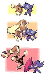 Rule 34 | black sclera, buneary, closed eyes, closed mouth, colored sclera, creatures (company), frown, furry, game freak, gem, gen 3 pokemon, gen 4 pokemon, highres, kicking, lopunny, mega lopunny, mega pokemon, mega sableye, nintendo, open mouth, pink eyes, pokemon, pokemon (creature), protected link, sableye, sharp teeth, shield, smile, sweat, tears, teeth, tsunoji