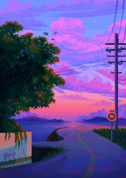 crescent eastblueace mountain mountainous_horizon no_humans ocean original pink_clouds pixel_art power_lines reflection reflective_water road road_sign scenery sign sky star_(sky) starry_sky sunset tree