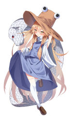 1girl absurdres adjusting_clothes adjusting_headwear blonde_hair dress hat highres long_hair mishaguji moriya_suwako open_mouth potato_(comicomi0211) purple_dress shirt snake solo thighhighs touhou white_shirt white_thighhighs yellow_eyes