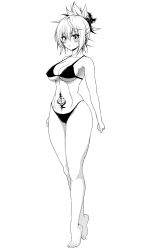 Rule 34 | 1girl, ayakashi triangle, bare shoulders, bikini, blush, breasts, feet, full body, genderswap, genderswap (mtf), groin, hair between eyes, highres, kazamaki matsuri, kazamaki matsuri (female), legs, long hair, lovelovemaid, monochrome, navel, pinwheel, pinwheel hair ornament, simple background, solo, stomach, stomach tattoo, swimsuit, tattoo, toes, underboob, white background