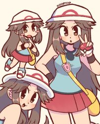 Rule 34 | 1girl, bag, blush, blush stickers, breasts, brown eyes, brown hair, grey background, handbag, hat, highres, holding, holding poke ball, leaf (pokemon), long hair, medium breasts, nintendo, open mouth, parted bangs, parted lips, poke ball, pokemon, pokemon frlg, red skirt, simple background, skirt, sleeveless, smile, sofo soup, solo, v, white hat