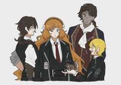 2boys 2girls 3nu13nu1 animal beard_stubble belt black_belt black_jacket black_pants black_vest blonde_hair bow brown_hair brown_hairband collared_shirt commentary don_quixote_(project_moon) facial_hair freckles glasses gregor_(project_moon) hair_bow hairband heathcliff_(project_moon) highres holding holding_animal id_card ishmael_(project_moon) jacket lapels limbus_company long_hair long_sleeves low_ponytail multiple_boys multiple_girls necktie notched_lapels open_clothes open_jacket open_mouth orange_hair pants ponytail project_moon purple_eyes red_necktie scar scar_on_face shirt short_hair simple_background squirrel stubble symbol-only_commentary vest white_background white_bow white_shirt wing_collar yellow_eyes