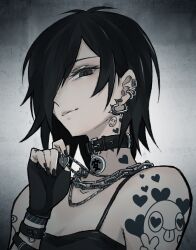 1girl bare_shoulders black_collar black_eyes black_gloves black_hair black_nails bracelet breasts broken_heart chain chain_necklace cleavage closed_mouth collar ear_piercing earrings fingerless_gloves gloves goth_fashion grey_background hair_over_one_eye heart heart_earrings heart_necklace highres jewelry looking_at_viewer medium_breasts nail_polish necklace original piercing shirt short_hair shoulder_tattoo sleeveless sleeveless_shirt smile solo spikes sushi_pizza_rrr tattoo upper_body