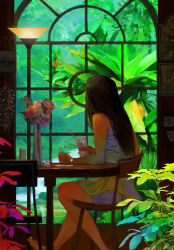 1girl bare_shoulders black_hair bouquet chair cup dress facing_away flower glass holding holding_cup lamp long_hair original paper plant sitting sleeveless sleeveless_dress solo table tahra watch white_dress window wristwatch
